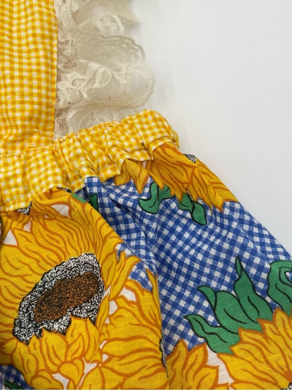Handmade Sunflower Gingham Baby Dress with Blooming Skirt Lace Florals 9 mos